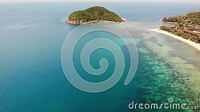 Aerial drone view small Koh Ma island, Ko Phangan Thailand. Exotic coast panoramic landscape, Mae Haad beach, summer day. Sandy Stock Photo