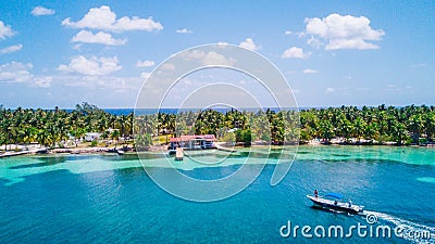 Aerial Drone view of South Water Caye tropical island in Belize barrier reef Stock Photo