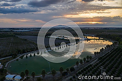 Aerial drone view sunset in Hip-notics cable park wake park in Antalya Turkey. Wakeboarding in Turkey Stock Photo