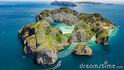 Aerial drone view of tropical Ko Phi Phi island, beaches and boats in blue clear Andaman sea water from above, Thailand Stock Photo