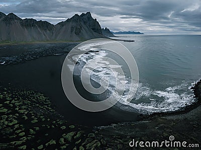 Aerial drone view of Vestrahorn at Stokksnes Stock Photo