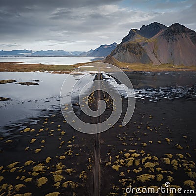 Aerial drone view of Vestrahorn mountain Stock Photo