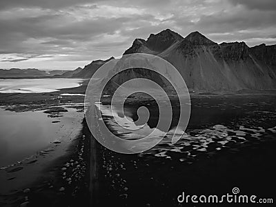 Aerial drone view of Vestrahorn mountain Stock Photo