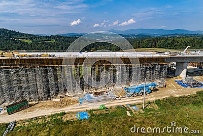 Aerial drone view on viaduct construction. Stock Photo