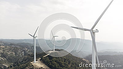 Aerial drone view on wind farm with windmill turbines on the mountain Stock Photo