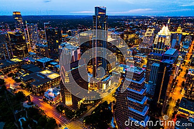 Aerial drone views of the Nightscape of Austin Texas Illuminated Cityscape at Blue Hour Stock Photo