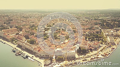 Aerial establishing shot of the ancient city of Pula, Croatia Stock Photo