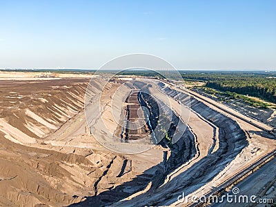 Aerial evening sunset view of Welzow Sud, one of the largest operational German open cast brown coal lignite mines near Cottbus. Stock Photo