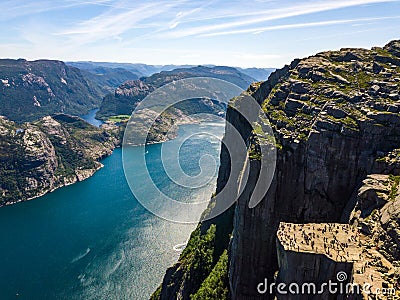 Aerial of famous hiking point in Norway - Pulpit Rock Preikestolen Stock Photo