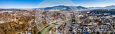 Aerial famous old town of bad toelz february snow. Mountains Isar river bavaria germany Stock Photo
