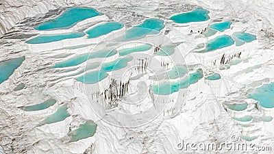 Aerial of the famous Pamukkale travertines in central western turkey. Famous for their turquoise thermal pools and pure white Stock Photo