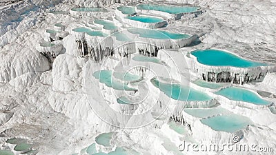 Aerial of the famous Pamukkale travertines in central western turkey. Famous for their turquoise thermal pools and pure white Stock Photo