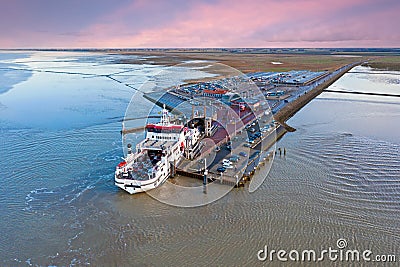 Aerial from the ferry from Ameland arriving at Holwerd in the Netherlands Stock Photo