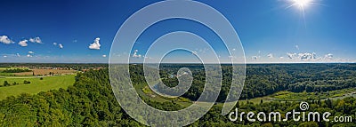 Aerial flight over the isar river munich in the late summer Stock Photo