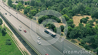 Aerial flyby view of highway traffic Stock Photo