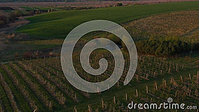 Aerial footage of an agricultural area and green rolling fields. Stock Photo