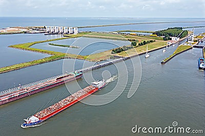 Aerial from freighters at the Houtrib sluices near Lelystand in the Netherlands Stock Photo