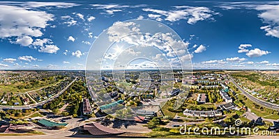 aerial full seamless spherical 360 hdri panorama view above great height of small provincial town with private sector and high- Stock Photo