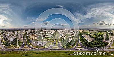 aerial full seamless spherical 360 hdri panorama view above road junction with traffic in city overlooking of residential area of Stock Photo