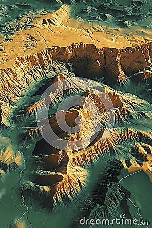 Aerial GIS map showing the topography of a canyon system rendered in 3D using LiDAR scan data with precise elevation contours. Stock Photo