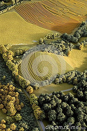 Aerial GIS visualization of a rural area with LiDAR data rendering elevation field boundaries and forested regions. Stock Photo