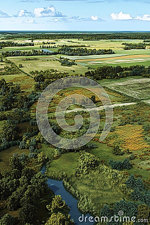 Aerial GIS visualization of a rural area with LiDAR data rendering elevation field boundaries and forested regions. Stock Photo