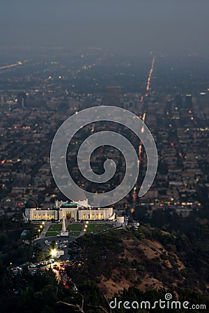 Aerial of the Griffith Observatory and the night lights of downtown Los Angeles, California Stock Photo