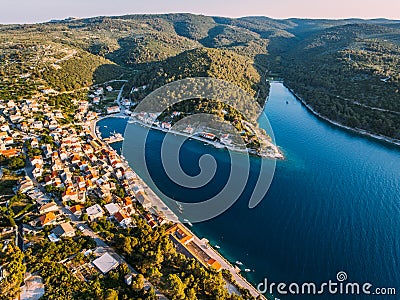Aerial - High ange view of village. Small Adriatic town Stock Photo