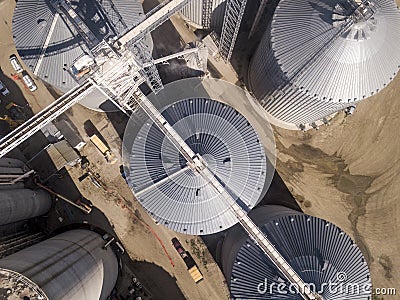 Aerial high angle view of industrial grain elevators and dryers in South Dakota Editorial Stock Photo