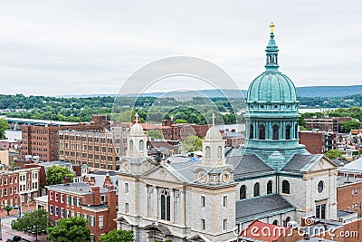 Aerial of Historic downtown Harrisburg, Pennsylvania next to the Stock Photo