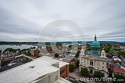 Aerial of Historic downtown Harrisburg, Pennsylvania next to the Stock Photo