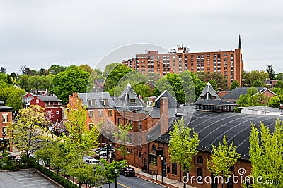 Aerial of historic downtown Lancaster, Pennsylvania with blooming trees Stock Photo