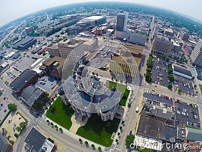 Aerial of Historic Government Courthouse Amidst Cityscape in Evansville, Indiana Stock Photo