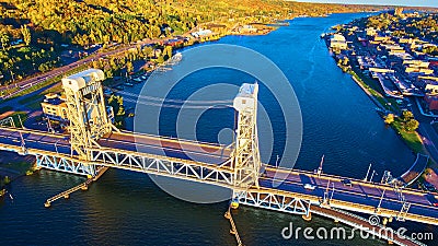 Aerial of Houghton with bridge over bay that lets boats pass under it as a lifting bridge Stock Photo