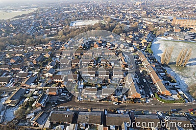 Aerial Houses Residential British England Drone Above View Summer Blue Sky Estate Agent. Snow, winter weather Editorial Stock Photo