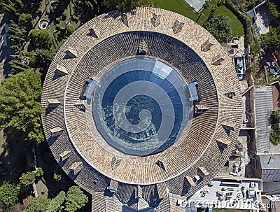 aerial image of a blue glass dome over the courtyard of a circular historical building, former cloth factory of Brihuega, Editorial Stock Photo