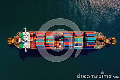 aerial image of a cargo ship plying the seas transporting containers internationally. Ai generative Stock Photo