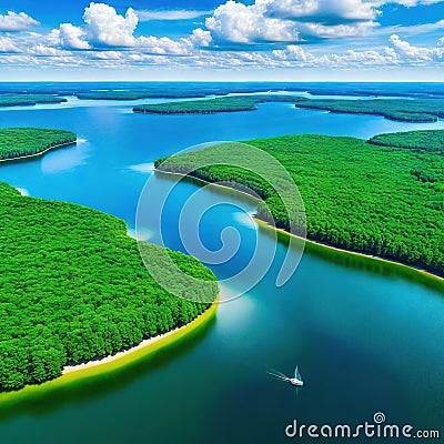 Aerial image of clouds and lush islands on a lovely summer Masurian Lake Cartoon Illustration