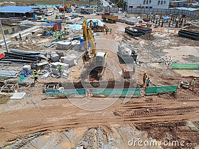An aerial image of the construction site where the showing site progress is ongoing progressively during the daytime. Editorial Stock Photo