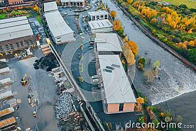 Aerial image of damage caused to offices by River Don, Sheffield, Yorkshire, UK Editorial Stock Photo