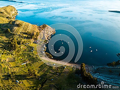 Aerial of Island of the sun at lake Titicaca in Bolivia Stock Photo