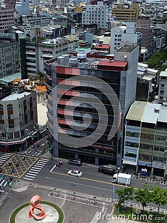 Aerial 4K Drone Footage of Orange Hotel by drone in Chiayi, Taiwan Editorial Stock Photo