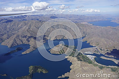 Aerial lake view of Canterbury landscape through perspex canopy from within glider cockpit in flight Stock Photo