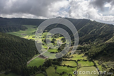 Aerial landscape of the impressive volcanic crater at Sete Cidades Stock Photo