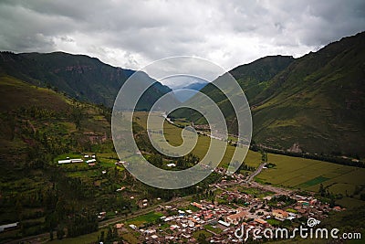 Aerial Landscape panoramic view to Urubamba river and sacred valley from Taray viewpoint near Pisac, Cuzco, Peru Stock Photo