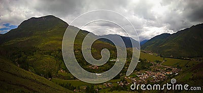 Aerial Landscape panoramic view to Urubamba river and sacred valley from Taray viewpoint near Pisac, Cuzco, Peru Stock Photo