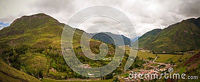 Aerial Landscape panoramic view to Urubamba river and sacred valley from Taray viewpoint near Pisac, Cuzco, Peru Stock Photo