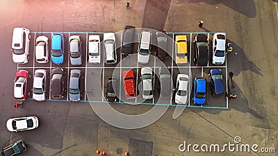 Aerial. Little city parking lot with colorful cars. Stock Photo