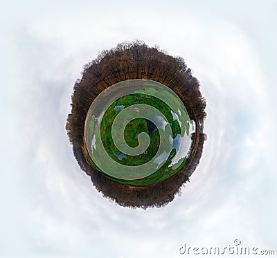 Aerial little planet view of natural pond surrounded by trees in Murovani Kurylivtsi, Vinnytska oblast The river Zhvan. Autumn Stock Photo