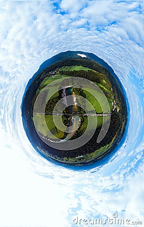 Aerial little planet view of the railway connection. Summer, sunny weather. Metal bridge over a mountain river. Transport and Stock Photo